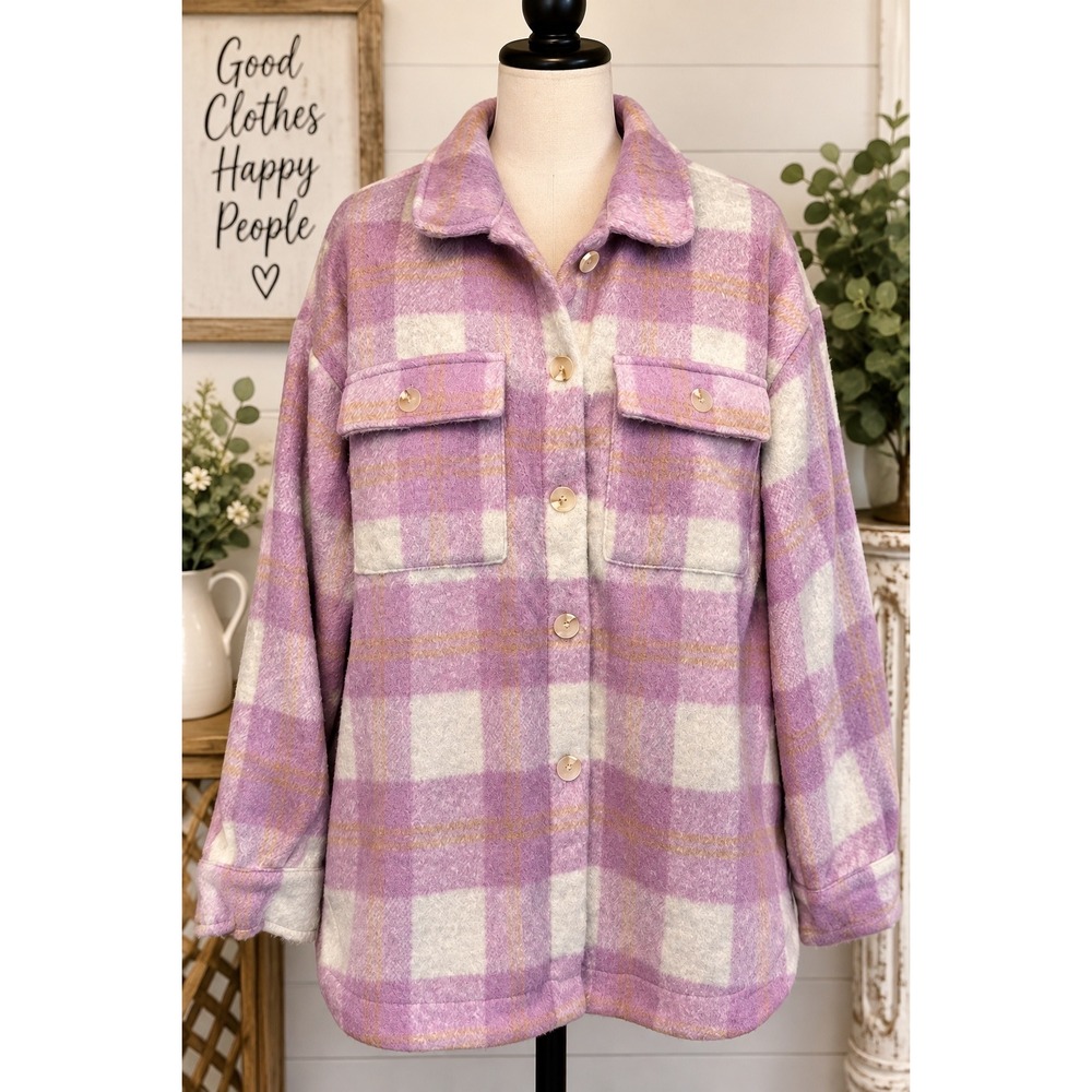 Katydid Purple Plaid Flannel Shacket XXL Oversized Button Front Shirt Jacket NWT